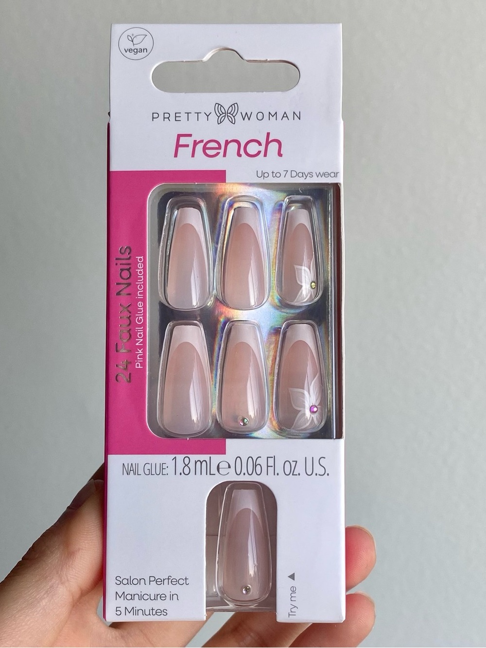 Pretty Woman Pink French Tip Coffin Press-On Nails, 24 Nails